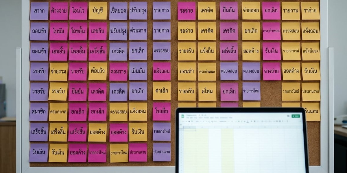 กระดานติดโน้ตสีม่วงและชมพูหลายใบจัดกลุ่มเป็นหมวด ข้างแล็ปท็อปแสดงตารางบันทึกเคส